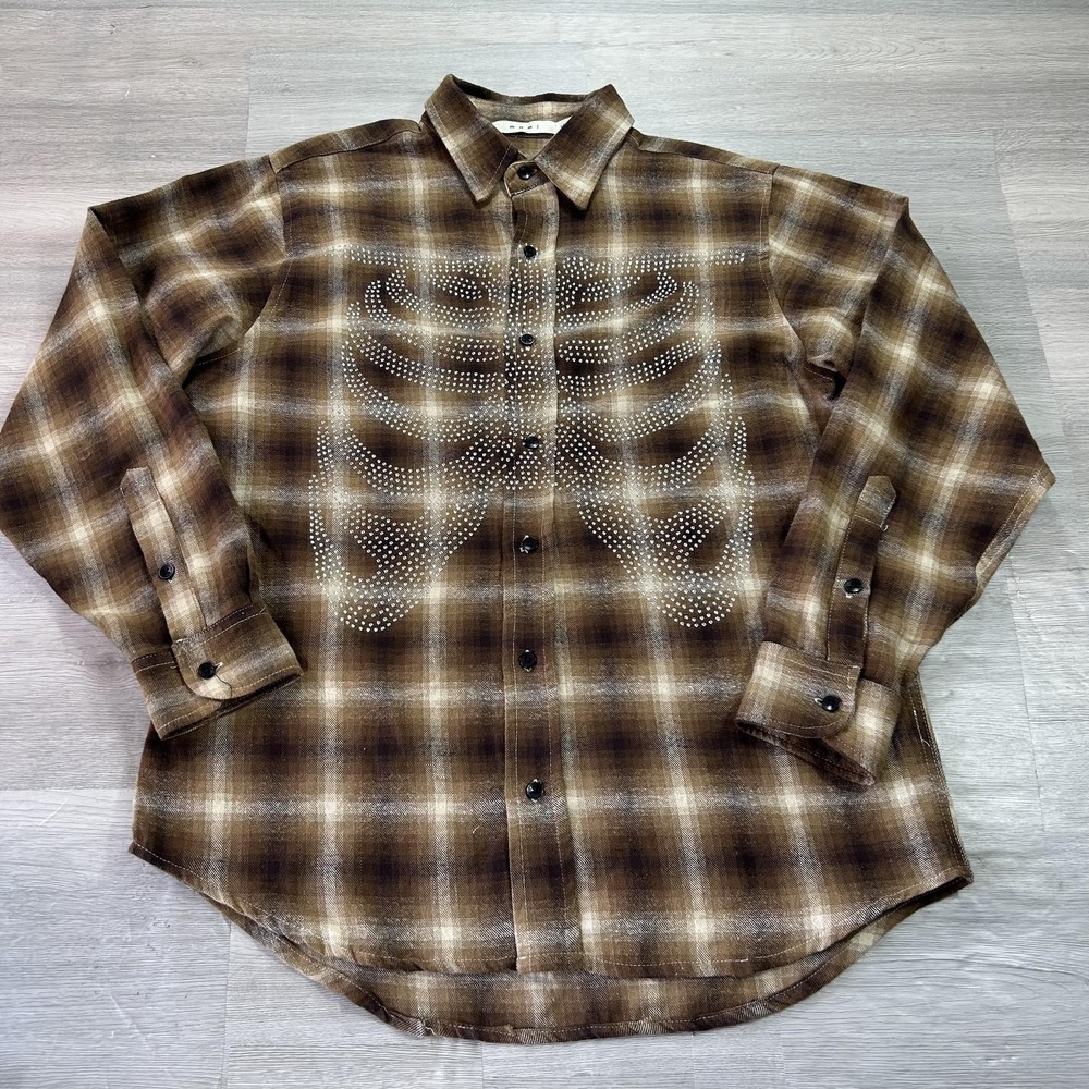 Mnml Shirt Mens XS Brown Plaid Skeleton Halloween Long‎ Sleeve Flannel Button Up